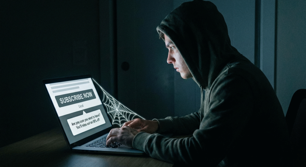 Person in Kapuzenpullover sitzt im Dunkeln vor einem Laptop; auf dem Bildschirm erscheint ein großes „Subscribe Now“-Popup mit Warnhinweis, daneben eine symbolische Spinnwebe als Darstellung einer manipulativen oder „festhaltenden“ Nutzererfahrung.